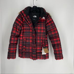 The North Face Gotham Red Plaid Puffer Down Jacket Faux Fur Trimmed Hood NEW